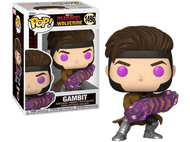 Figurine Funko Pop Gambit du film Deadpool et Wolverine. Il a des yeux violets et tient un objet d'énergie violet.