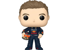 Charger l&#39;image dans la galerie, Une figurine Max Verstappen Funko Pop en tenue de course, tenant un casque, devant un fond blanc.
