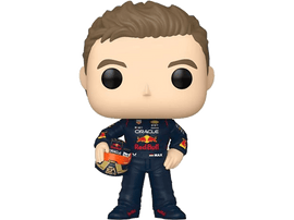 Une figurine Max Verstappen Funko Pop en tenue de course, tenant un casque, devant un fond blanc.