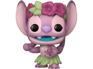Figurine Stitch rose avec couronne de fleurs et jupe verte, fond noir.