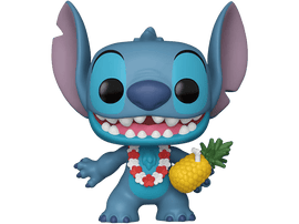 Figurine Stitch Funko Pop avec ananas et lei. Figurine bleue avec grandes oreilles.