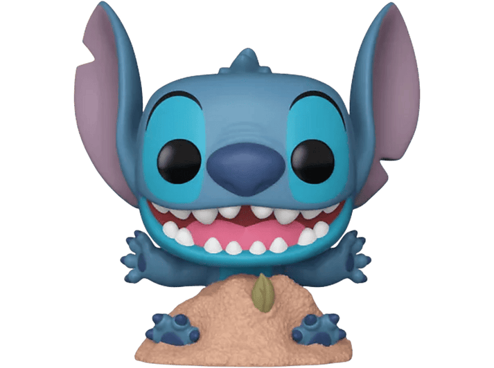 Figurine Stitch, extraterrestre bleu avec de grandes oreilles et dents, sur base sable.