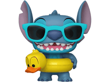 Charger l&#39;image dans la galerie, Figurine Funko Pop Stitch avec des lunettes de soleil, tenant une bouée canard jaune. Figurine bleue avec grand sourire et oreilles.
