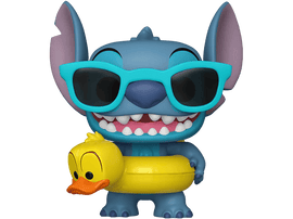 Figurine Funko Pop Stitch avec des lunettes de soleil, tenant une bouée canard jaune. Figurine bleue avec grand sourire et oreilles.