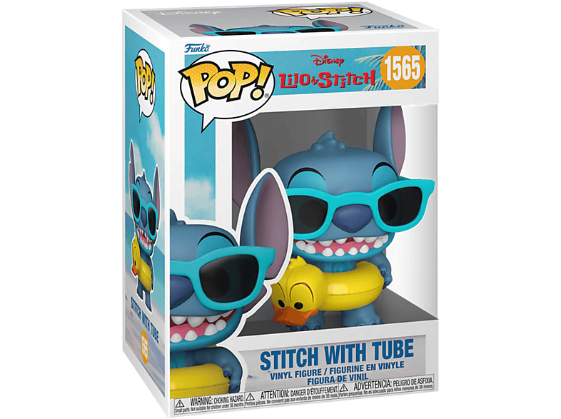 Une boîte Funko Pop montre une figurine Stitch avec des lunettes de soleil et une bouée.