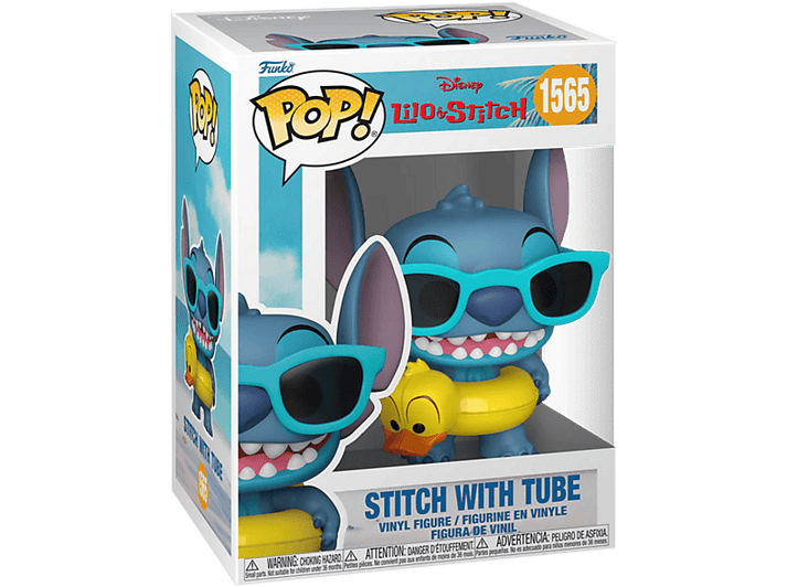 Une boîte Funko Pop montre une figurine Stitch avec des lunettes de soleil et une bouée.
