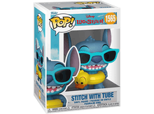 Charger l&#39;image dans la galerie, Une boîte Funko Pop montre une figurine Stitch avec des lunettes de soleil et une bouée.
