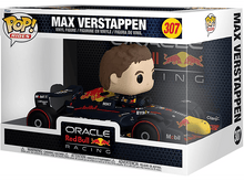 Charger l&#39;image dans la galerie, Une figurine Funko Pop! de Max Verstappen dans une boîte, représentant sa voiture Red Bull Racing, sur fond blanc.
