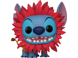 Une figurine Stitch avec des cheveux rouges hérissés, une peau bleue et une tenue jaune, sur fond noir.