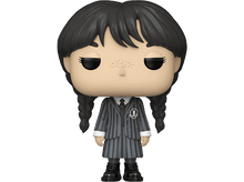 Charger l&#39;image dans la galerie, Figurine Funko Pop de Mercredi Addams portant un uniforme rayé noir et gris.
