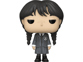 Figurine Funko Pop de Mercredi Addams portant un uniforme rayé noir et gris.
