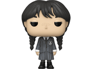 Figurine Funko Pop de Mercredi Addams portant un uniforme rayé noir et gris.