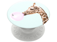 Une girafe soufflant une bulle de chewing-gum rose, sur un PopSockets PopGrip, fond bleu clair.
