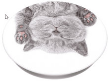 Charger l&#39;image dans la galerie, Un chaton gris est allongé sur le dos, pattes en l&#39;air, yeux fermés. Le chaton est sur une surface ovale blanche avec une ombre.
