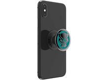 Charger l&#39;image dans la galerie, Téléphone noir avec PopSocket Black Panther. PopSocket est noir avec le logo panthère sarcelle et argent.
