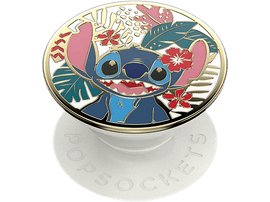 Un PopSocket Stitch avec design Stitch, entouré de fleurs et feuilles, sur une base blanche.