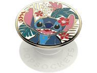 Un PopSocket Stitch avec design Stitch, entouré de fleurs et feuilles, sur une base blanche.