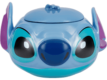 Charger l&#39;image dans la galerie, Un récipient Stitch bleu avec un couvercle, en forme de tête de Stitch, fond noir.
