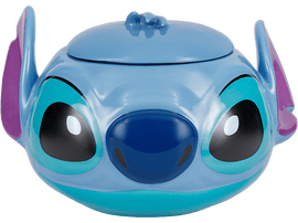 Un récipient Stitch bleu avec un couvercle, en forme de tête de Stitch, fond noir.