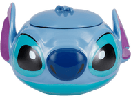 Un récipient Stitch bleu avec un couvercle, en forme de tête de Stitch, fond noir.