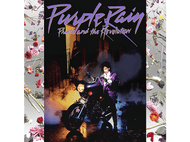 Pochette d'album. Prince sur une moto, fumée, femme en arrière-plan, titre : Purple Rain.