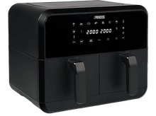 Charger l&#39;image dans la galerie, Friteuse à air noire avec deux compartiments séparés. Elle dispose d&#39;un écran numérique et de poignées.
