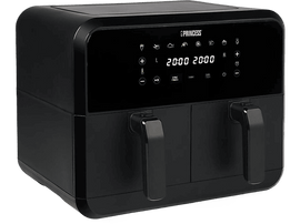 Friteuse à air noire avec deux compartiments séparés. Elle dispose d