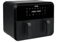 Friteuse à air noire avec deux compartiments séparés. Elle dispose d'un écran numérique et de poignées.