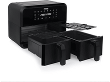 Charger l&#39;image dans la galerie, Friteuse à air noire, ouverte avec paniers. Affichage de l&#39;heure et de la température, poignées sur les côtés.
