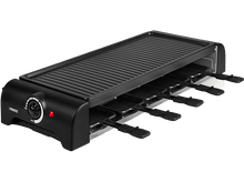 Charger l&#39;image dans la galerie, Gril à raclette noir avec plusieurs poêlons individuels et un bouton.
