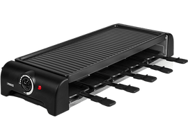 Gril à raclette noir avec plusieurs poêlons individuels et un bouton.