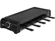 Gril à raclette noir avec plusieurs poêlons individuels et un bouton.