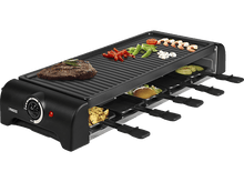 Charger l&#39;image dans la galerie, Gril à raclette noir avec de la nourriture dessus, y compris du steak, des crevettes, des légumes et des pommes de terre.
