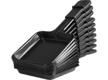 Charger l&#39;image dans la galerie, Une pile de poêles à raclette noires avec des poignées. Les poêles sont empilées ensemble pour le stockage.
