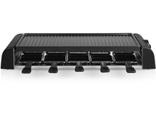 Charger l&#39;image dans la galerie, Un grill à raclette noir avec plusieurs plateaux, prêt à être utilisé.
