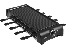 Charger l&#39;image dans la galerie, Gril à raclette noir avec éléments chauffants et poêlons individuels.
