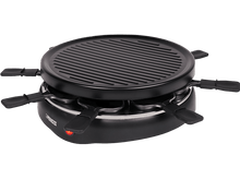 Charger l&#39;image dans la galerie, Gril à raclette noir avec petites poêles et une plaque de cuisson. Marque Princess. La lumière rouge est allumée.
