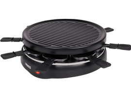 Gril à raclette noir avec petites poêles et une plaque de cuisson. Marque Princess. La lumière rouge est allumée.