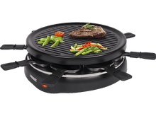 Charger l&#39;image dans la galerie, Un grill à raclette noir avec de la nourriture sur le grill et des poêlons à raclette en dessous.
