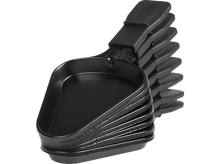 Charger l&#39;image dans la galerie, Une pile de poêlons à raclette noirs. Chaque poêlon a une poignée et une surface de cuisson plate. Fond blanc.
