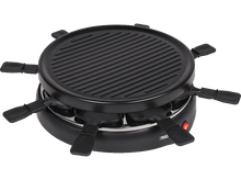 Charger l&#39;image dans la galerie, Un grill à raclette noir avec huit poêlons individuels sur une surface blanche. Le grill est ouvert.
