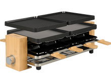Charger l&#39;image dans la galerie, Gril à raclette avec plusieurs niveaux de surfaces chauffantes et des accents en bois, prêt pour la cuisson.
