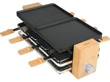 Charger l&#39;image dans la galerie, Un grill à raclette multi-niveaux avec des poignées en bois et un bouton de commande avec une lumière bleue.
