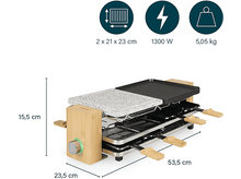 Charger l&#39;image dans la galerie, Grill à raclette avec dimensions affichées. Comprend un grill en pierre, une plaque et des plateaux à fromage.
