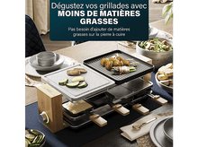 Charger l&#39;image dans la galerie, Un appareil à raclette avec de la nourriture dessus. Texte : &#39;MOINS DE MATIERES GRASSES&#39;. Divers plats et éléments autour.
