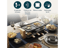 Charger l&#39;image dans la galerie, Un grill Raclette avec de la nourriture dessus et des accessoires. Il y a des assiettes et une table avec un chemin de table bleu.
