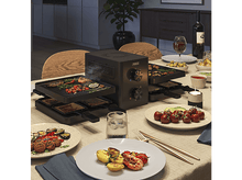 Charger l&#39;image dans la galerie, Table pour dîner raclette avec grill Princess, accompagnements, vin et bougie.
