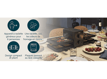 Charger l&#39;image dans la galerie, Gril à raclette avec fromage, nourriture sur assiettes, et étiquettes.
