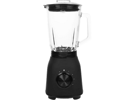 Un blender noir avec un bocal en verre. Il est sur une base noire avec des réglages 0-4.