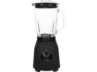 Un blender noir avec un bocal en verre. Il est sur une base noire avec des réglages 0-4.